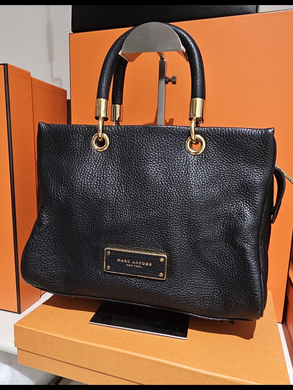 Marc Jacobs Black Pebbled Leather Satchel with Gold-Tone Accents